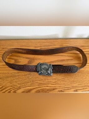 Siskiyou Vintage Brown Leather Belt with Limited Edition Decorative Metal Buckle